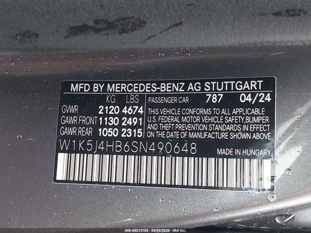 Aukcja sprzedaży 2025 Mercedes-benz Cla 250 Coupe 4matic, vin: W1K5J4HB6SN490648, numer aukcji: 45312108