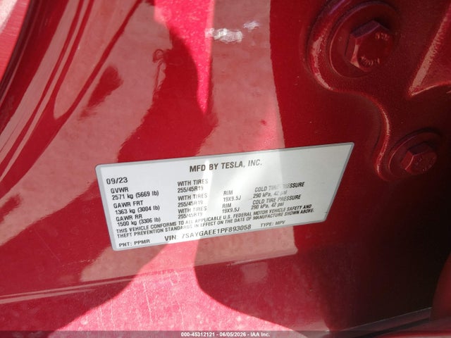 Aukcja sprzedaży 2023 Tesla Model Y, vin: 7SAYGAEE1PF893058, numer aukcji: 45312121