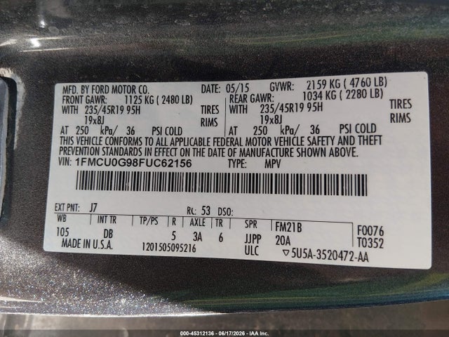 Ford ESCAPE SE 2015 1FMCU0G98FUC62156 Image 9