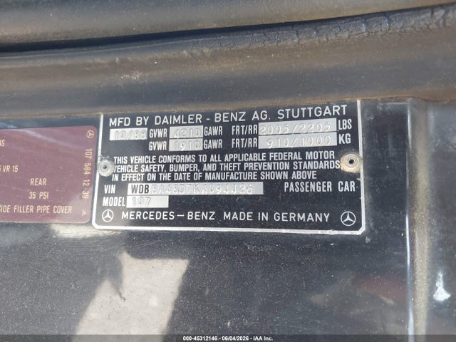 Продаж на аукціоні авто 1989 Mercedes-benz 560 Sl, vin: WDBBA48D7KA094426, номер лоту: 45312146