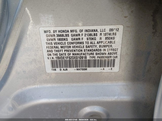 45312148 :رقم المزاد ، 19VDE1F52DE010918 vin ، 2013 Acura Ilx 2.0l مزاد بيع