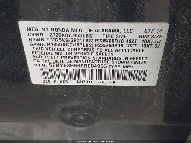 2015 Honda Pilot Ex-l მანქანა იყიდება აუქციონზე, vin: 5FNYF3H56FB004955, აუქციონის ნომერი: 45312163