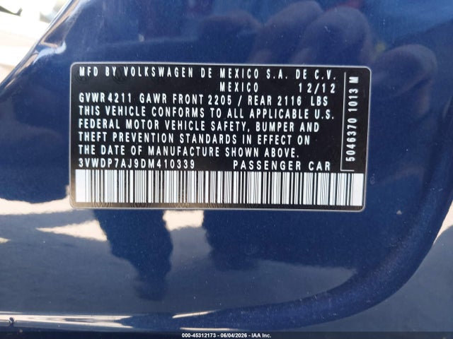 2013 Volkswagen Jetta 2.5l Se მანქანა იყიდება აუქციონზე, vin: 3VWDP7AJ9DM410339, აუქციონის ნომერი: 45312173