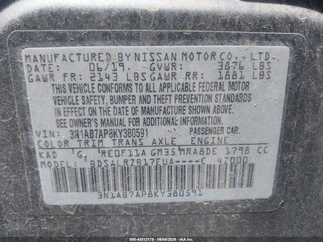45312179 :رقم المزاد ، 3N1AB7AP8KY380591 vin ، 2019 Nissan Sentra Sr مزاد بيع