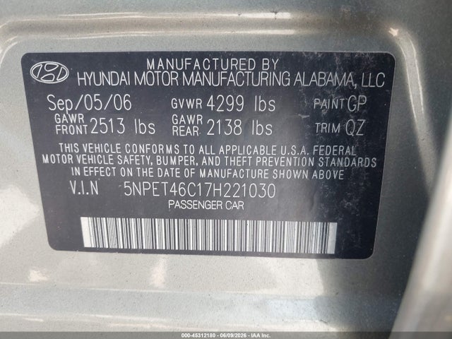 Продажа на аукционе авто 2007 Hyundai Sonata Gls/gls W/xm, vin: 5NPET46C17H221030, номер лота: 45312180