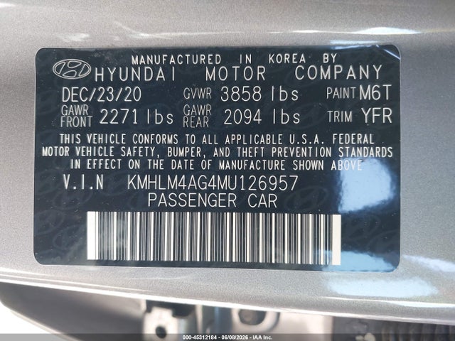 Продажа на аукционе авто 2021 Hyundai Elantra Sel, vin: KMHLM4AG4MU126957, номер лота: 45312184