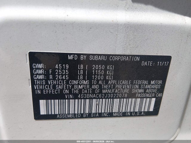 Aukcja sprzedaży 2018 Subaru Legacy 2.5i Premium, vin: 4S3BNAC62J3022078, numer aukcji: 45312201