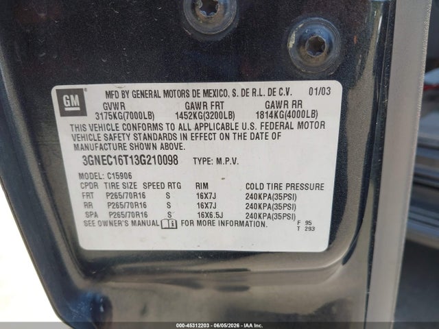 2003 Chevrolet Suburban 1500 Lt მანქანა იყიდება აუქციონზე, vin: 3GNEC16T13G210098, აუქციონის ნომერი: 45312203