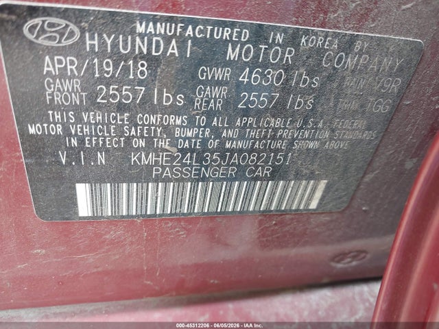 Aukcja sprzedaży 2018 Hyundai Sonata Hybrid Se, vin: KMHE24L35JA082151, numer aukcji: 45312206