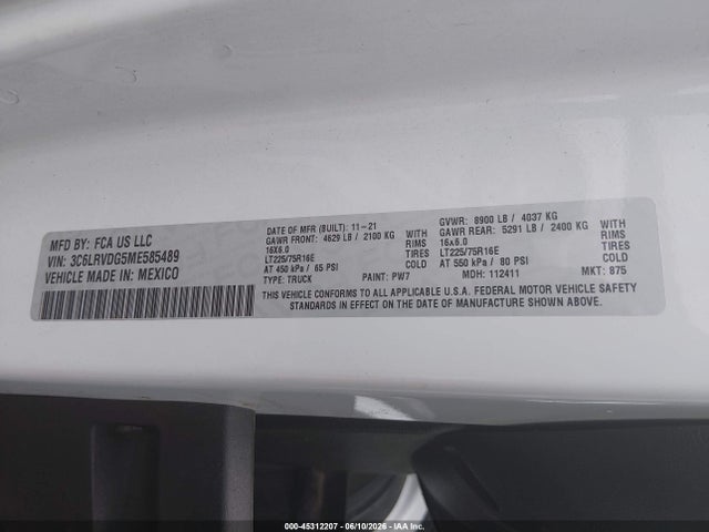 Продажа на аукционе авто 2021 Ram Promaster 2500 High Roof 159 Wb, vin: 3C6LRVDG5ME585489, номер лота: 45312207