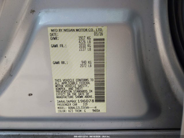 1N4AL3AP6GC196078 Nissan Altima 2.5 Sv