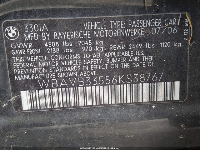 Aukcja sprzedaży 2006 Bmw 330i, vin: WBAVB33556KS38767, numer aukcji: 45312218