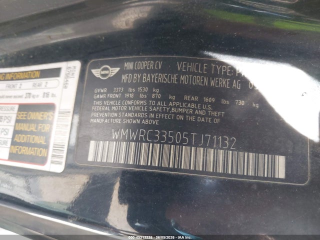 2005 Mini Cooper მანქანა იყიდება აუქციონზე, vin: WMWRC33505TJ71132, აუქციონის ნომერი: 45312226
