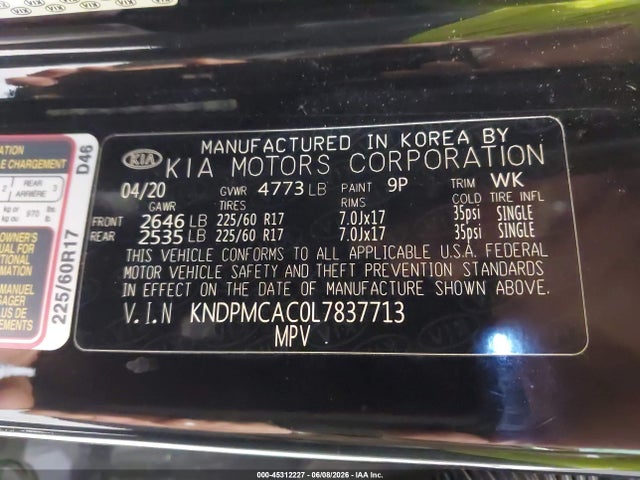 Продажа на аукционе авто 2020 Kia Sportage Lx, vin: KNDPMCAC0L7837713, номер лота: 45312227