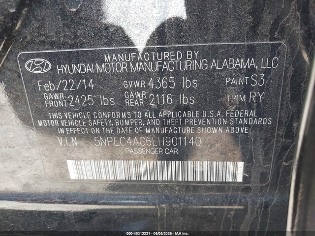 45312231 :رقم المزاد ، 5NPEC4AC6EH901140 vin ، 2014 Hyundai Sonata Se مزاد بيع