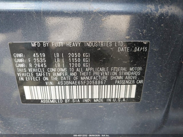 45312232 :رقم المزاد ، 4S3BNAE65F3058867 vin ، 2015 Subaru Legacy 2.5i Premium مزاد بيع