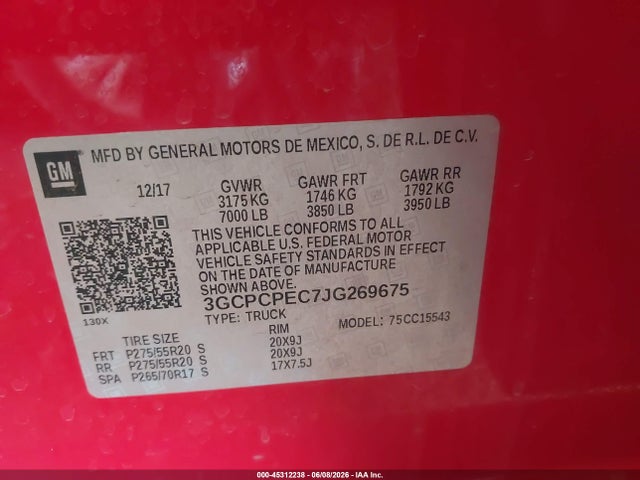 45312238 :رقم المزاد ، 3GCPCPEC7JG269675 vin ، 2018 Chevrolet Silverado 1500 Custom مزاد بيع