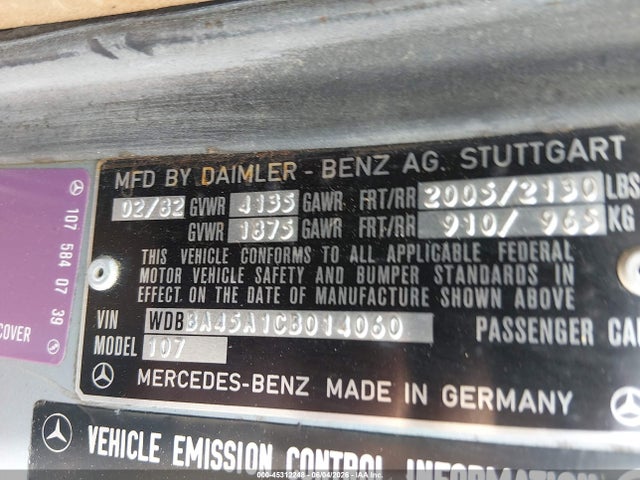 Aukcja sprzedaży 1982 Mercedes-benz 380 Sl, vin: WDBBA45A1CB014060, numer aukcji: 45312248