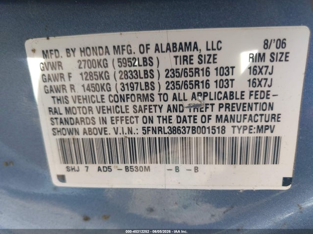 Aukcja sprzedaży 2007 Honda Odyssey Ex-l, vin: 5FNRL38637B001518, numer aukcji: 45312252