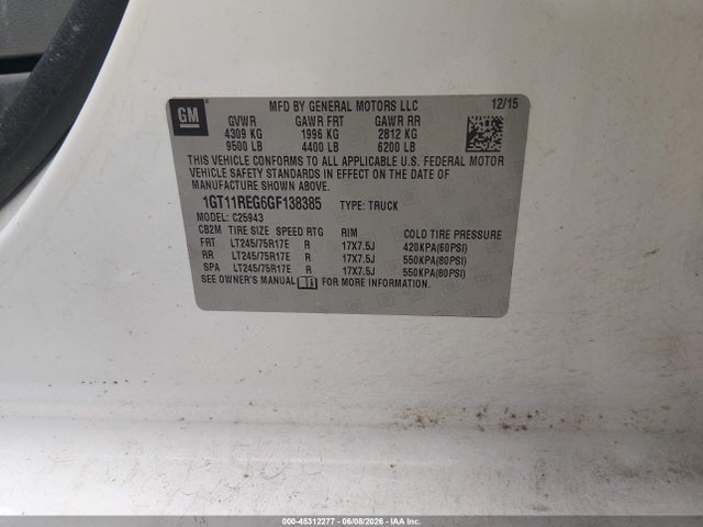 45312277 :رقم المزاد ، 1GT11REG6GF138385 vin ، 2016 Gmc Sierra 2500hd مزاد بيع