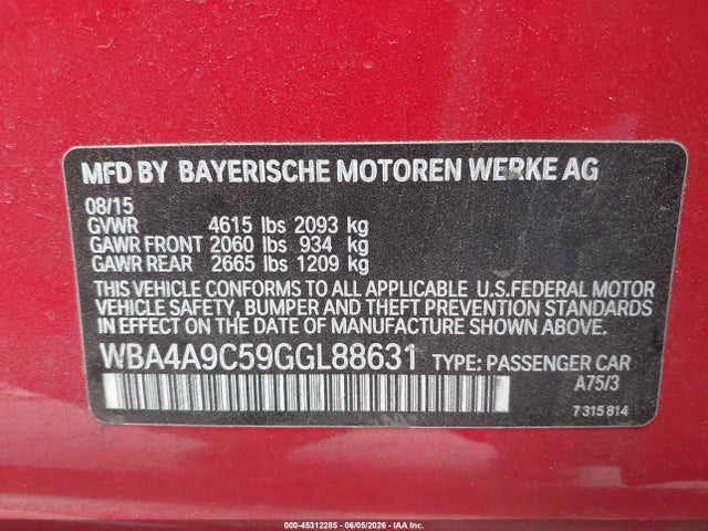 Aukcja sprzedaży 2016 Bmw 428i Gran Coupe, vin: WBA4A9C59GGL88631, numer aukcji: 45312285