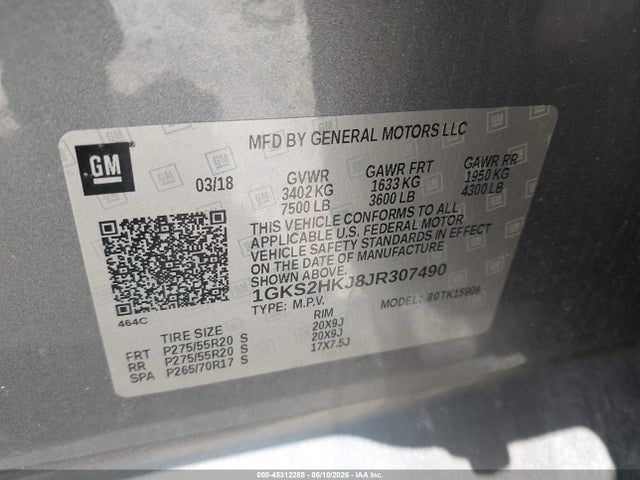 45312288 :رقم المزاد ، 1GKS2HKJ8JR307490 vin ، 2018 Gmc Yukon Xl Denali مزاد بيع