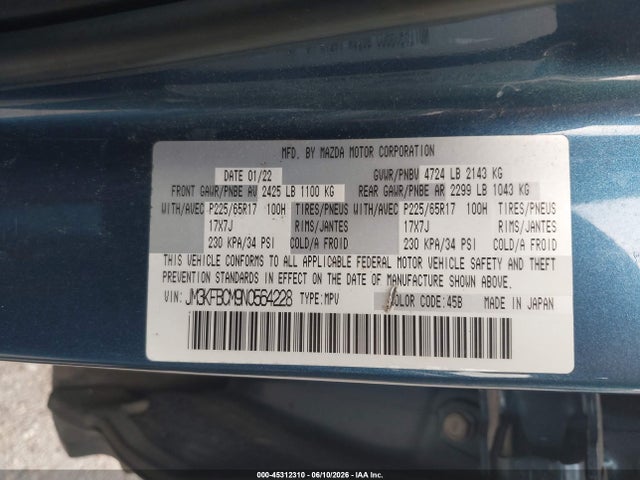 45312310 :رقم المزاد ، JM3KFBCM9N0564228 vin ، 2022 Mazda Cx-5 2.5 S Preferred مزاد بيع