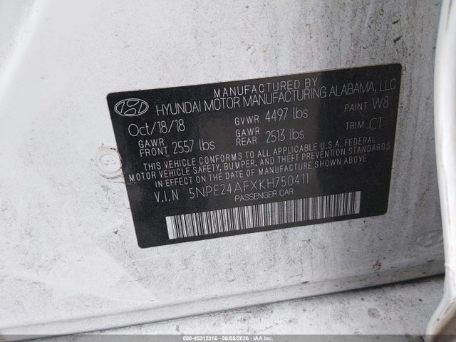 5NPE24AFXKH750411 Hyundai SONATA SE