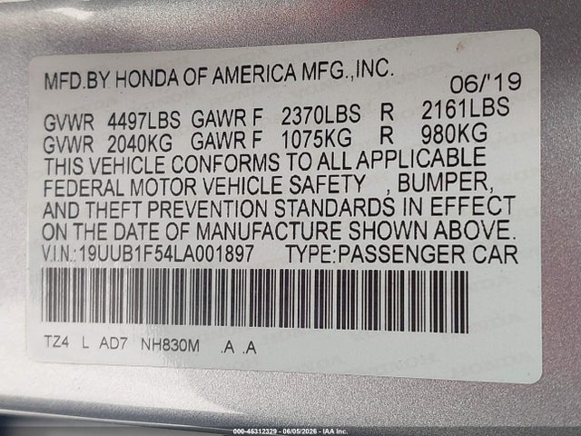 2020 Acura Tlx Tech Package მანქანა იყიდება აუქციონზე, vin: 19UUB1F54LA001897, აუქციონის ნომერი: 45312329