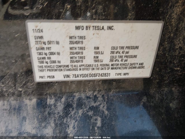 45312335 :رقم المزاد ، 7SAYGDED0SF242831 vin ، 2025 Tesla Model Y Long Range Dual Motor Rear-wheel Drive مزاد بيع