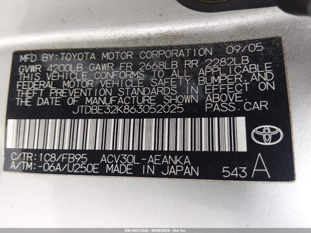 Продаж на аукціоні авто 2006 Toyota Camry Std, vin: JTDBE32K863052025, номер лоту: 45312342