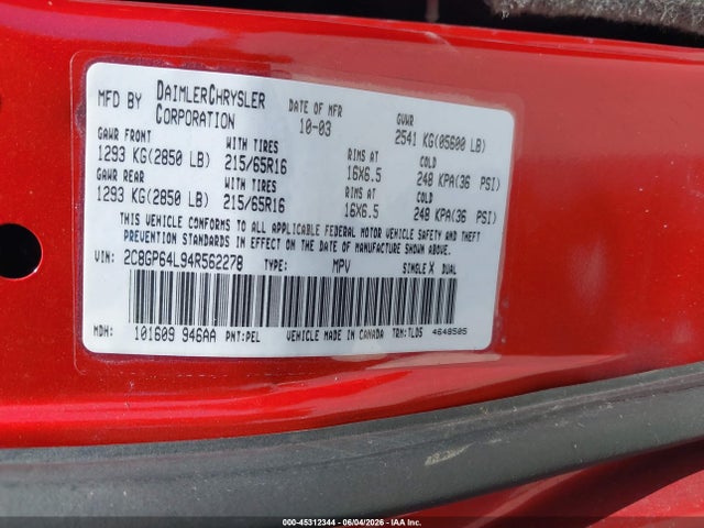 Aukcja sprzedaży 2004 Chrysler Town & Country Limited, vin: 2C8GP64L94R562278, numer aukcji: 45312344