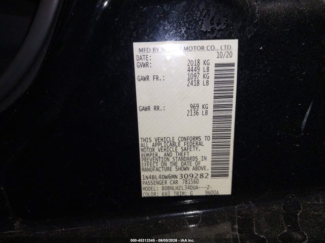 1N4BL4DW6MN309282 Nissan Altima Sv Intelligent Awd