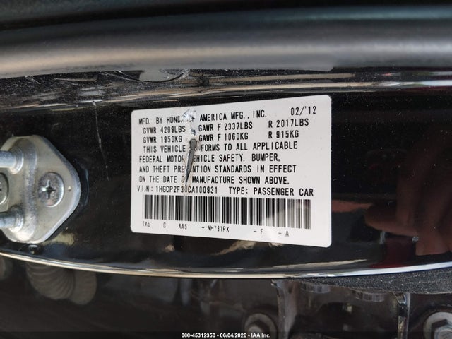 Aukcja sprzedaży 2012 Honda Accord 2.4 Lx, vin: 1HGCP2F30CA100931, numer aukcji: 45312350