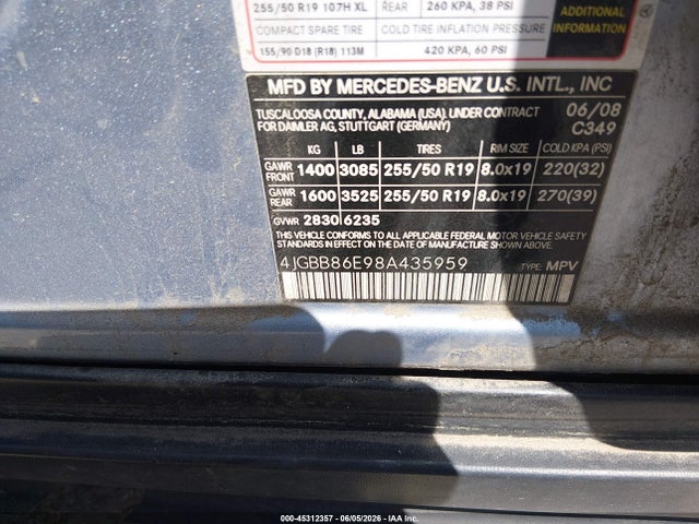 Продаж на аукціоні авто 2008 Mercedes-benz Ml 350 4matic, vin: 4JGBB86E98A435959, номер лоту: 45312357