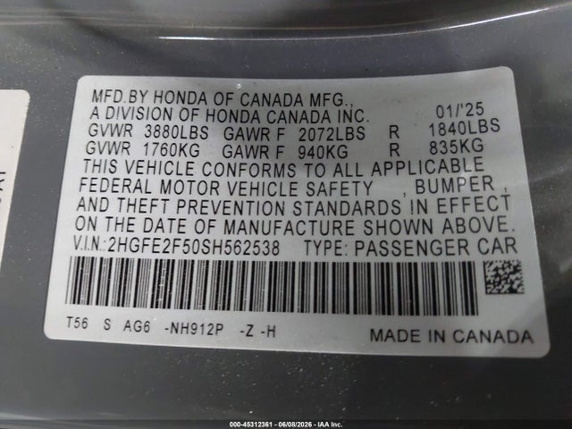 45312361 :رقم المزاد ، 2HGFE2F50SH562538 vin ، 2025 Honda Civic Sport مزاد بيع