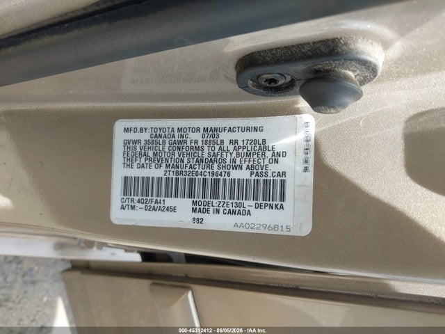 Aukcja sprzedaży 2004 Toyota Corolla Le, vin: 2T1BR32E04C196476, numer aukcji: 45312412