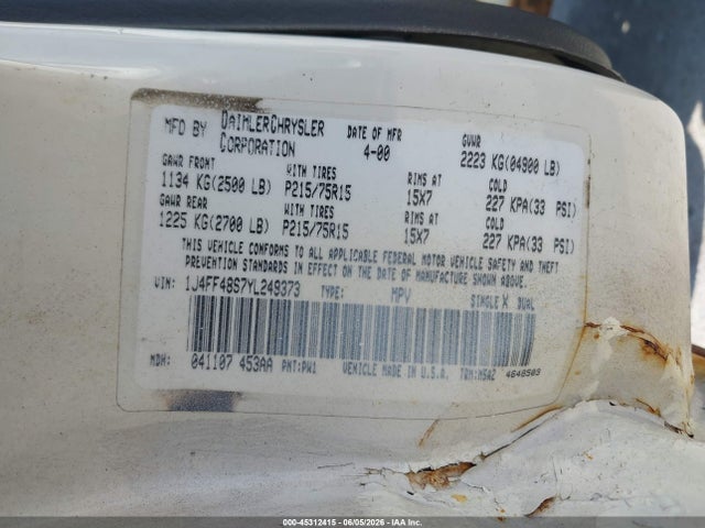 Продаж на аукціоні авто 2000 Jeep Cherokee Sport, vin: 1J4FF48S7YL249373, номер лоту: 45312415