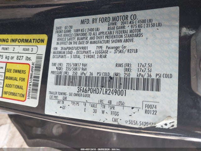 45312418 :رقم المزاد ، 3FA6P0HD7LR249001 vin ، 2020 Ford Fusion Se مزاد بيع