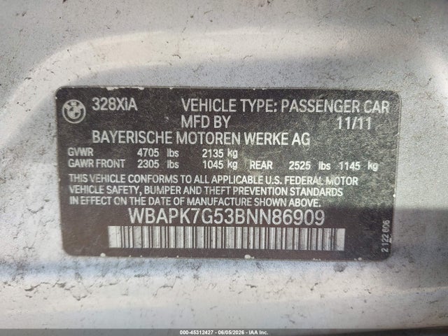 2011 Bmw 328i Xdrive მანქანა იყიდება აუქციონზე, vin: WBAPK7G53BNN86909, აუქციონის ნომერი: 45312427