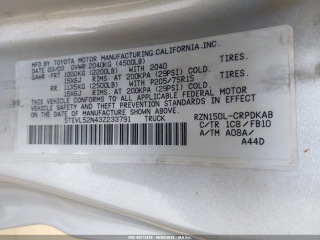 2003 Toyota Tacoma მანქანა იყიდება აუქციონზე, vin: 5TEVL52N43Z233791, აუქციონის ნომერი: 45312435