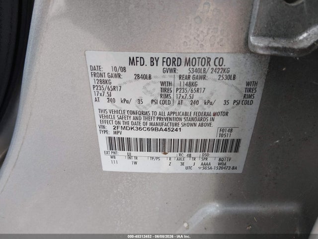 2009 Ford Edge Se მანქანა იყიდება აუქციონზე, vin: 2FMDK36C69BA45241, აუქციონის ნომერი: 45312452