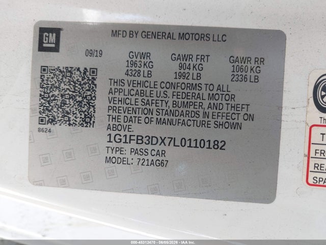Aukcja sprzedaży 2020 Chevrolet Camaro Rwd  1lt, vin: 1G1FB3DX7L0110182, numer aukcji: 45312470