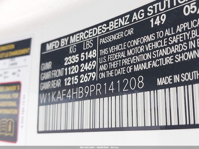 Aukcja sprzedaży 2023 Mercedes-benz C 300 4matic, vin: W1KAF4HB9PR141208, numer aukcji: 45312481