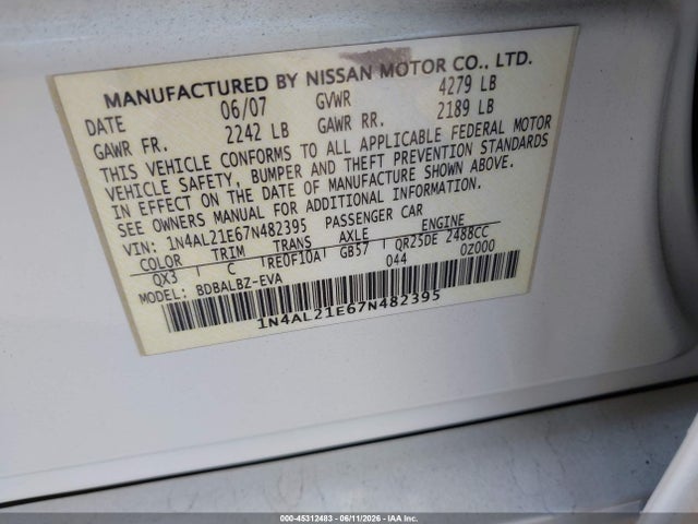 Aukcja sprzedaży 2007 Nissan Altima 2.5 S, vin: 1N4AL21E67N482395, numer aukcji: 45312483
