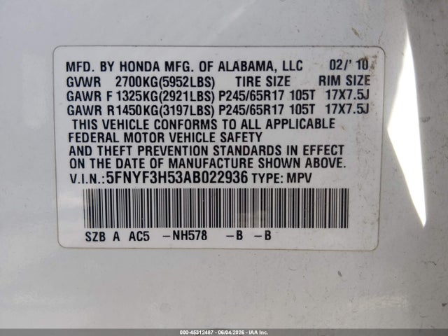 Продажа на аукционе авто 2010 Honda Pilot Ex-l, vin: 5FNYF3H53AB022936, номер лота: 45312487