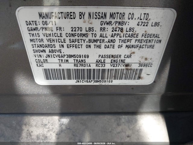 2011 Infiniti G37 Journey მანქანა იყიდება აუქციონზე, vin: JN1CV6AP3BM509169, აუქციონის ნომერი: 45312499