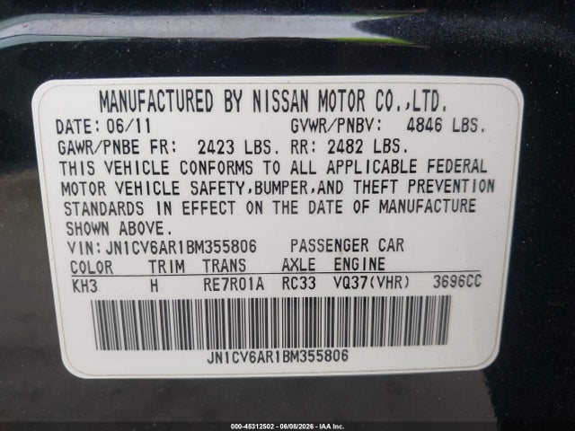 2011 Infiniti G37x მანქანა იყიდება აუქციონზე, vin: JN1CV6AR1BM355806, აუქციონის ნომერი: 45312502