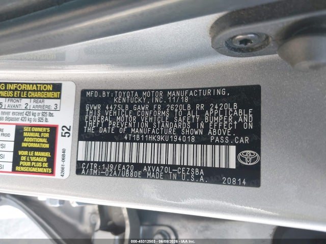 4T1B11HK9KU194018 Toyota CAMRY SE