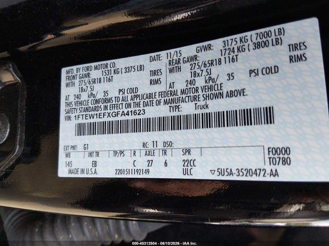 Aukcja sprzedaży 2016 Ford F-150 Lariat, vin: 1FTEW1EFXGFA41623, numer aukcji: 45312504